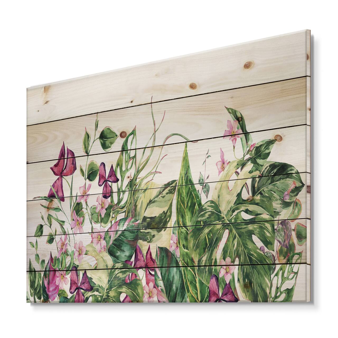 Designart - Vintage Floral Tropical Leaves I - Tropical Print on Natural Pine Wood